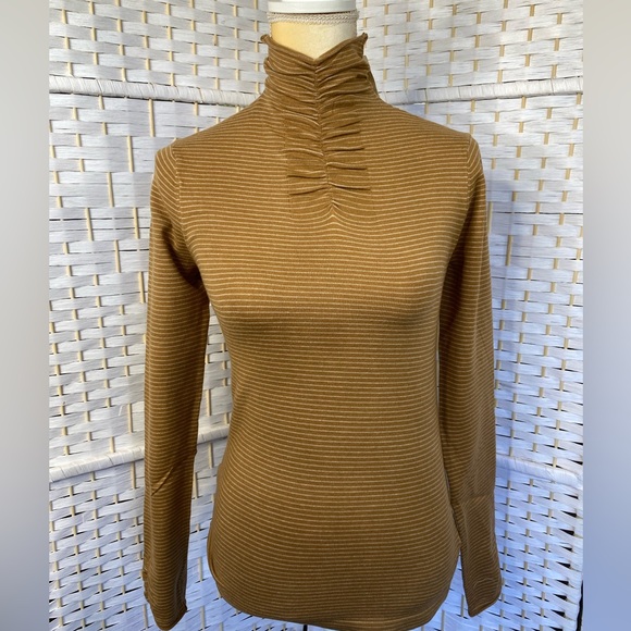 NWT Hem & Thread INA PIN STRIPE SHIRRING MOCK NECK TOP IN MUSTARD - Picture 7 of 13